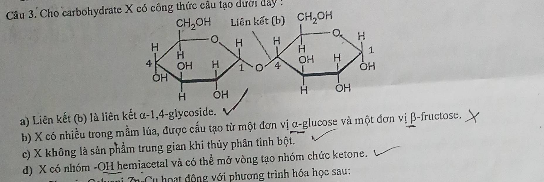 Cho carbohydrate X có công thức câu tạo dưới day 
a) Liên kết (b) là liên k
b) X có nhiều trong mầm lúa, được cấu tạo từ một đơn vị α-glucose và một đơn vị β-fructose.
c) X không là sản phẩm trung gian khi thủy phân tinh bột.
d) X có nhóm -OH hemiacetal và có thể mở vòng tạo nhóm chức ketone.
Tn Cu hoạt động với phương trình hóa học sau: