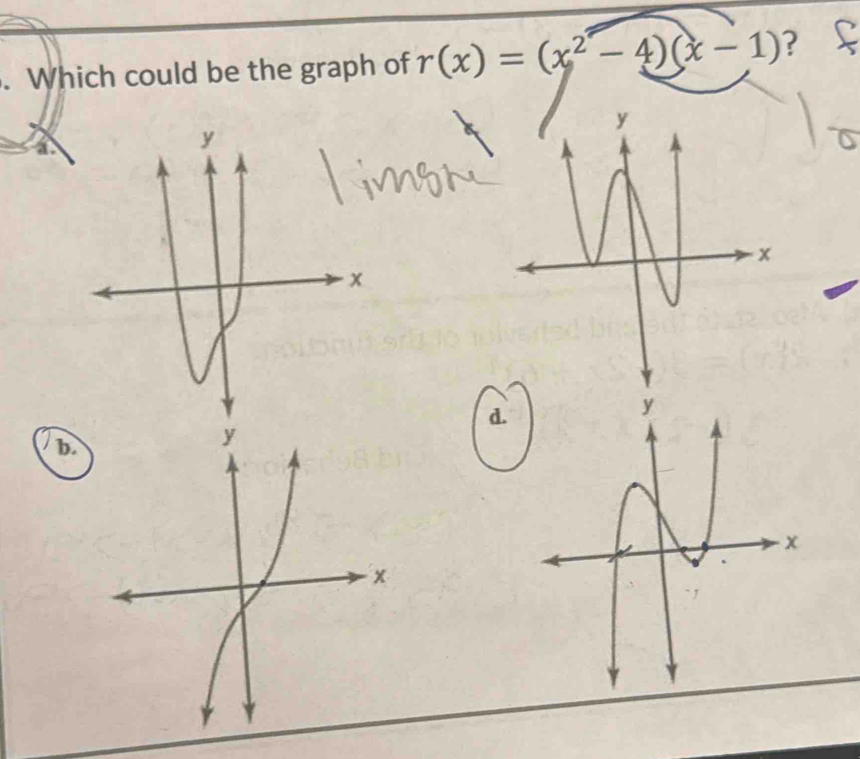 Which could be the graph of r(x)=(x^2-4)(x-1) ? 
a. 
d 
b.