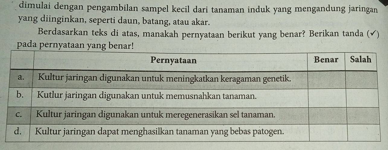 dimulai dengan pengambilan sampel kecil dari tanaman induk yang mengandung jaringan 
yang diinginkan, seperti daun, batang, atau akar. 
Berdasarkan teks di atas, manakah pernyataan berikut yang benar? Berikan tanda (√) 
pada pernyataan yan