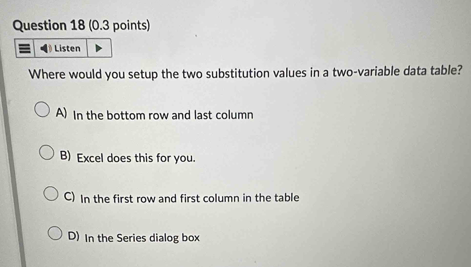 Listen
Where would you setup the two substitution values in a two-variable data table?
A) In the bottom row and last column
B) Excel does this for you.
C) In the first row and first column in the table
D) In the Series dialog box