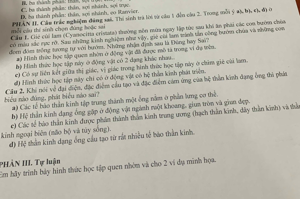 B. ba thành phân: thân, sội trục,
C. ba thành phần: thân, sợi nhánh, sợi trục.
D. ba thành phần: thân, sợi nhánh, eo Ranvier.
PHÀN II. Câu trắc nghiệm đúng sai. Thí sinh trả lời từ câu 1 đến câu 2. Trong mỗi ý a), b), c), d) ở
mỗi câu thí sinh chọn đúng hoặc sai
Câu 1. Giẻ cùi lam (Cyanocitta cristata) thường nôn mửa ngay lập tức sau khí ăn phải các con bướm chúa
có màu sắc rực rỡ. Sau những kinh nghiệm như vậy, giẻ cùi lam tránh tấn công bướm chúa và những con
đom đóm trông tương tự với bướm. Những nhận định sau là Đúng hay Sai?
a) Hình thức học tập quen nhờn ở động vật đã được mô tả trong ví dụ trên.
b) Hình thức học tập này ở động vật có 2 dạng khác nhau..
c) Có sự liên kết giữa thị giác, vị giác trong hình thức học tập này ở chim giẻ cùi lam.
d) Hình thức học tập này chỉ có ở động vật có hệ thần kinh phát triển.
Câu 2. Khi nói về đại diện, đặc điểm cấu tạo và đặc điểm cảm ứng của hệ thần kinh dạng ống thì phát
biểu nào đúng, phát biểu nào sai?
a) Các tế bào thần kinh tập trung thành một ống nằm ở phần lưng cơ thể.
b) Hệ thần kinh dạng ống gặp ở động vật ngành ruột khoang, giun tròn và giun dẹp.
c) Các tế bào thần kinh được phân thành thần kinh trung ương (hạch thần kinh, dây thần kinh) và thần
kinh ngoại biên (não bộ và tủy sống).
d) Hệ thần kinh dạng ống cấu tạo từ rất nhiều tế bào thần kinh.
PHÀN III. Tự luận
Em hãy trình bày hình thức học tập quen nhờn và cho 2 ví dụ minh họa.