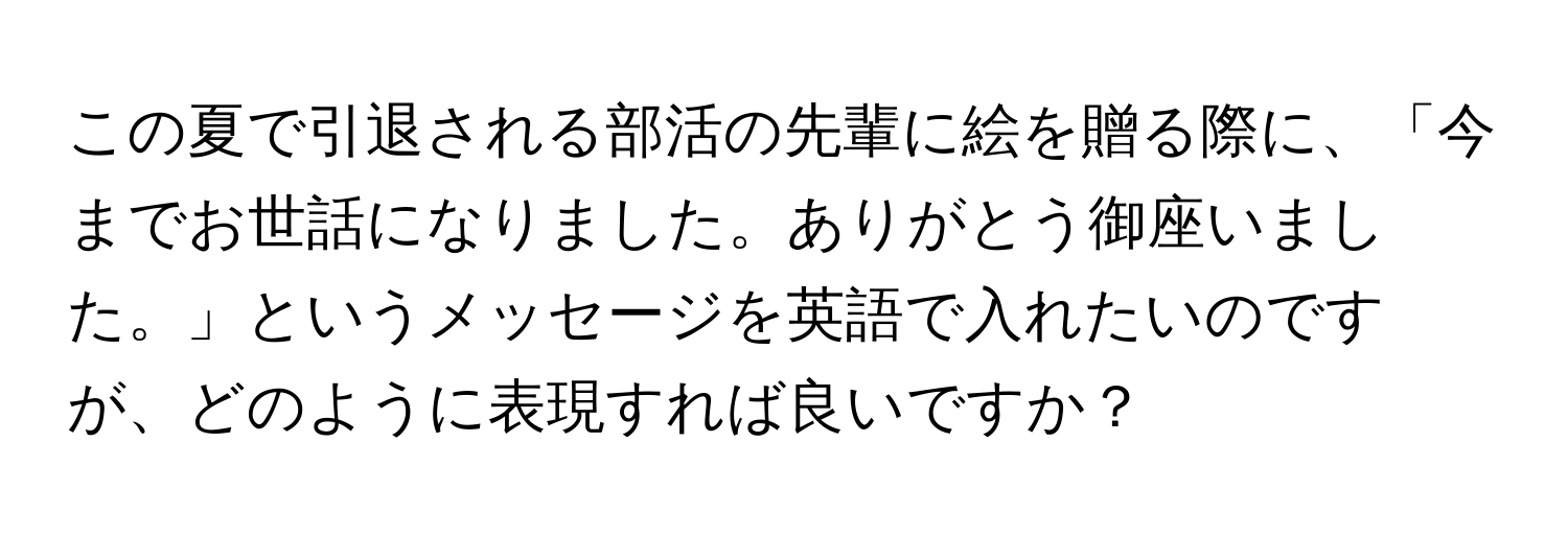 この夏で引退される部活の先輩に絵を贈る際に、「今までお世話になりました。ありがとう御座いました。」というメッセージを英語で入れたいのですが、どのように表現すれば良いですか？