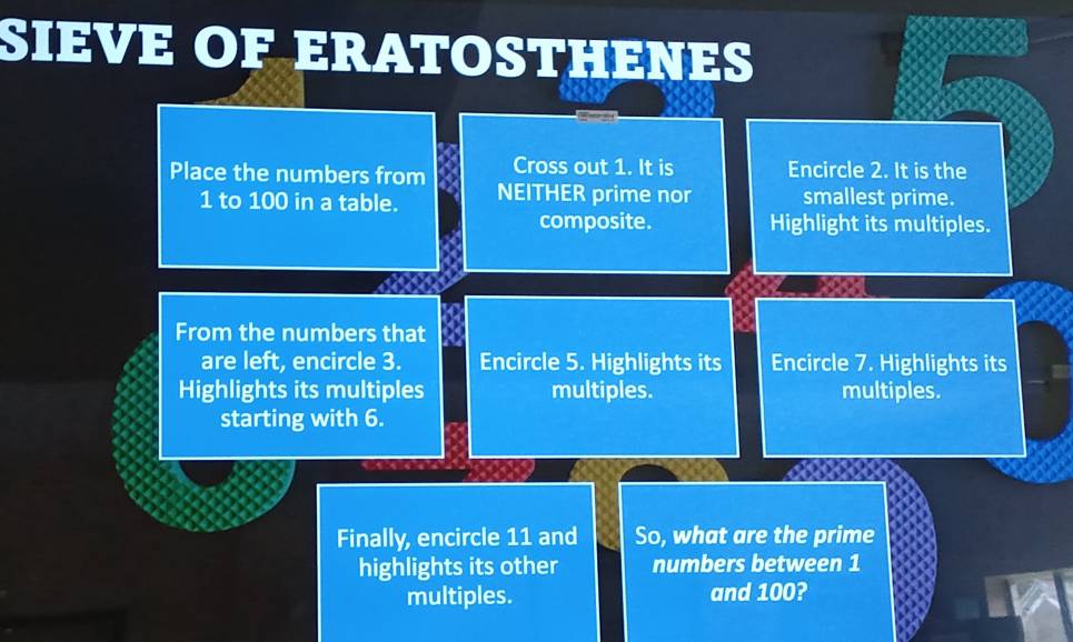 SIEVE OF ERATOSTHENES 
Cross out 1. It is Encircle 2. It is the 
Place the numbers from NEITHER prime nor smallest prime.
1 to 100 in a table. 
composite. Highlight its multiples. 
From the numbers that 
are left, encircle 3. Encircle 5. Highlights its Encircle 7. Highlights its 
Highlights its multiples multiples. multiples. 
starting with 6. 
Finally, encircle 11 and So, what are the prime 
highlights its other numbers between 1
multiples. and 100?