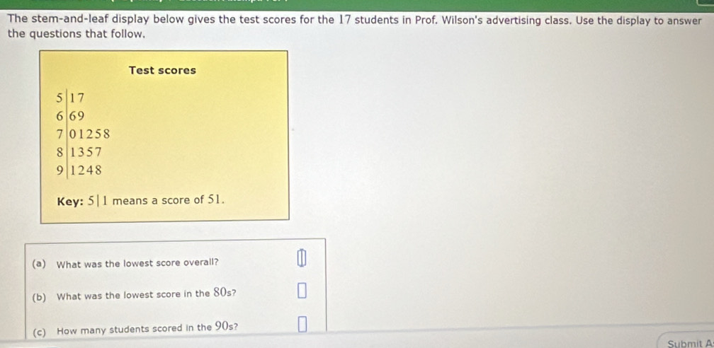 The stem-and-leaf display below gives the test scores for the 17 students in Prof, Wilson's advertising class. Use the display to answer 
the questions that follow. 
Test scores
5 1 7
6 69 01258
8 1357
9 1248
Key: 5| 1 means a score of 51. 
(a) What was the lowest score overall? 
(b) What was the lowest score in the 80s? 
(c) How many students scored in the 90s? 
Submit A