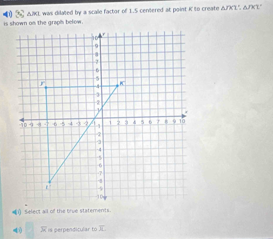 △ JKL was dilated by a scale factor of 1.5 centered at point K to create △ J'K'L'.△ J'K'L.
2) Select all of the true statements.
0) overline JK is perpendicular to overline JL,