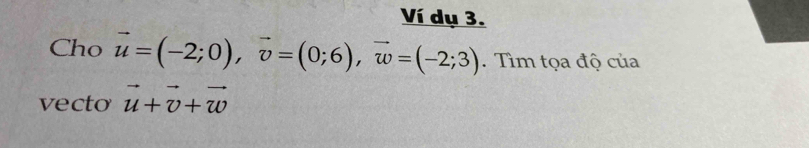 Ví dụ 3. 
Cho vector u=(-2;0), vector v=(0;6), vector w=(-2;3). Tìm tọa độ của 
vecto vector u+vector v+vector w