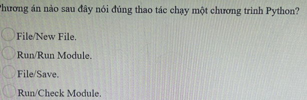 Phương án nào sau đây nói đúng thao tác chạy một chương trình Python?
File/New File.
Run/Run Module.
File/Save.
Run/Check Module.