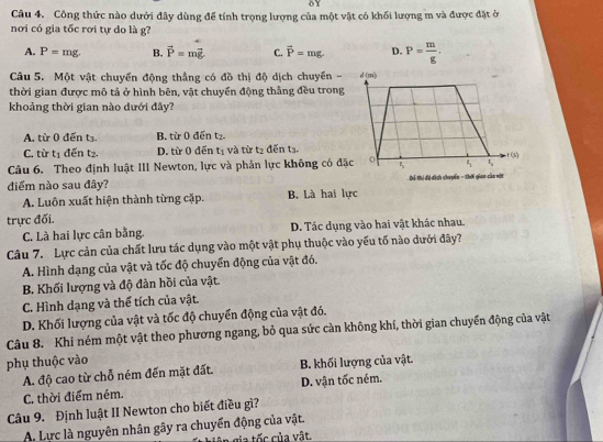 δY
Câu 4. Công thức nào dưới đây dùng để tính trọng lượng của một vật có khối lượng m và được đặt ờ
nơi có gia tốc rơi tự do là g?
A. P=mg. B. vector P=mvector g C. overline P=mg. D. P= m/g ,
Câu 5. Một vật chuyển động thẳng có đồ thị độ dịch chuyến -
thời gian được mô tả ở hình bên, vật chuyển động thắng đều trong
khoảng thời gian nào dưới đây?
A. từ 0 đến t3. B. từ 0 đến t₂.
C. từ t_1 đến t2. D. từ 0 đến t_1 và từ t2 đến t3
Câu 6. Theo định luật III Newton, lực và phản lực không có đặ
điểm nào sau đây?
A. Luôn xuất hiện thành từng cặp. B. Là hai lực
trực đối.
C. Là hai lực cân bằng. D. Tác dụng vào hai vật khác nhau.
Câu 7. Lực cản của chất lưu tác dụng vào một vật phụ thuộc vào yếu tố nào dưới đây?
A. Hình dạng của vật và tốc độ chuyển động của vật đó.
B. Khối lượng và độ đàn hồi của vật.
C. Hình dạng và thể tích của vật.
D. Khối lượng của vật và tốc độ chuyển động của vật đó.
Câu 8. Khi ném một vật theo phương ngang, bỏ qua sức càn không khí, thời gian chuyển động của vật
phụ thuộc vào
A. độ cao từ chỗ ném đến mặt đất. B. khối lượng của vật.
C. thời điểm ném. D. vận tốc ném.
Câu 9. Định luật II Newton cho biết điều gì?
A. Lực là nguyên nhân gây ra chuyển động của vật.
g  iê n  ga tốc của vật.