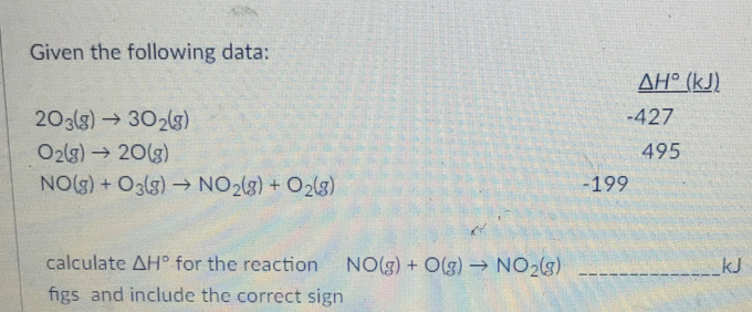 Given the following data:
△ H°( (J)
2O_3(g)to 3O_2(g) -427
O_2(g)to 2O(g) 495
NO(g)+O_3(g)to NO_2(g)+O_2(g) -199
calculate △ H° for the reaction NO(g)+O(g)to NO_2(g) _ kJ
figs and include the correct sign