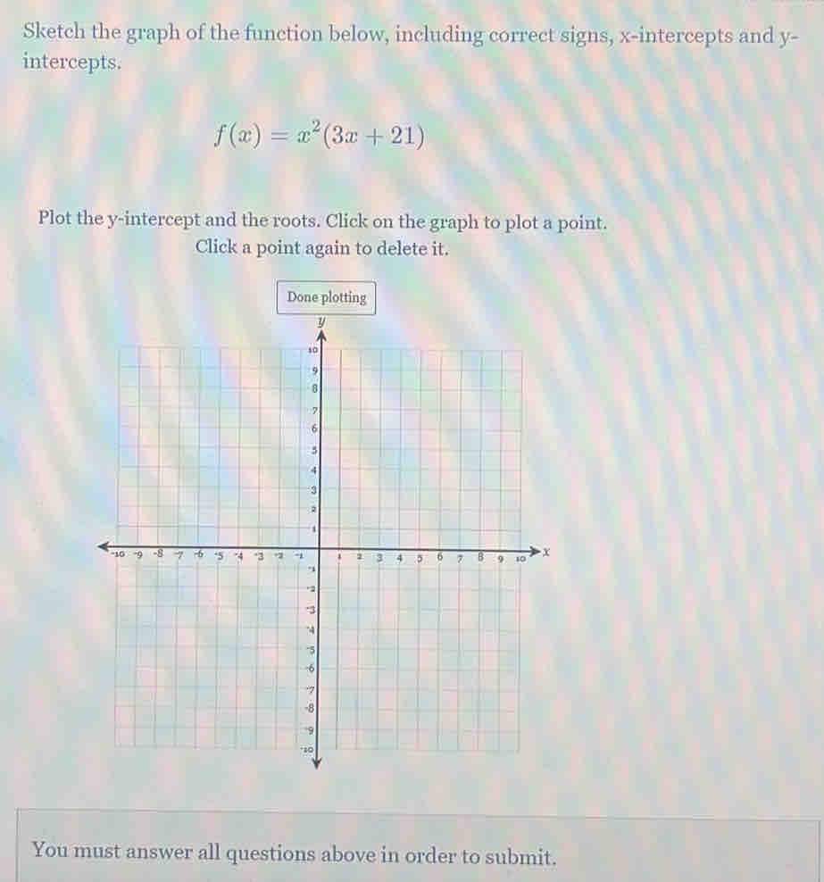 Sketch the graph of the function below, including correct signs, x-intercepts and y - 
intercepts.
f(x)=x^2(3x+21)
Plot the y-intercept and the roots. Click on the graph to plot a point. 
Click a point again to delete it. 
You must answer all questions above in order to submit.