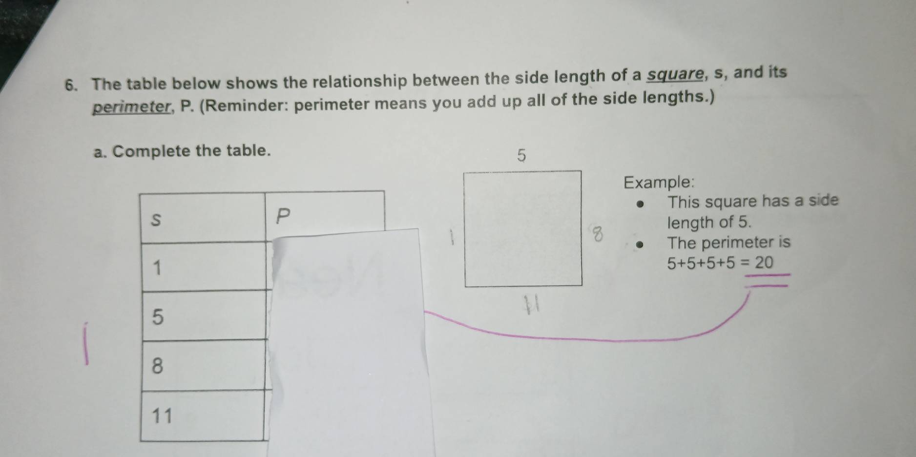 The table below shows the relationship between the side length of a square, s, and its 
perimeter, P. (Reminder: perimeter means you add up all of the side lengths.) 
a. Complete the table. 
Example: 
This square has a side
P
S length of 5. 
The perimeter is 
1
5+5+5+5=20
5
8
11