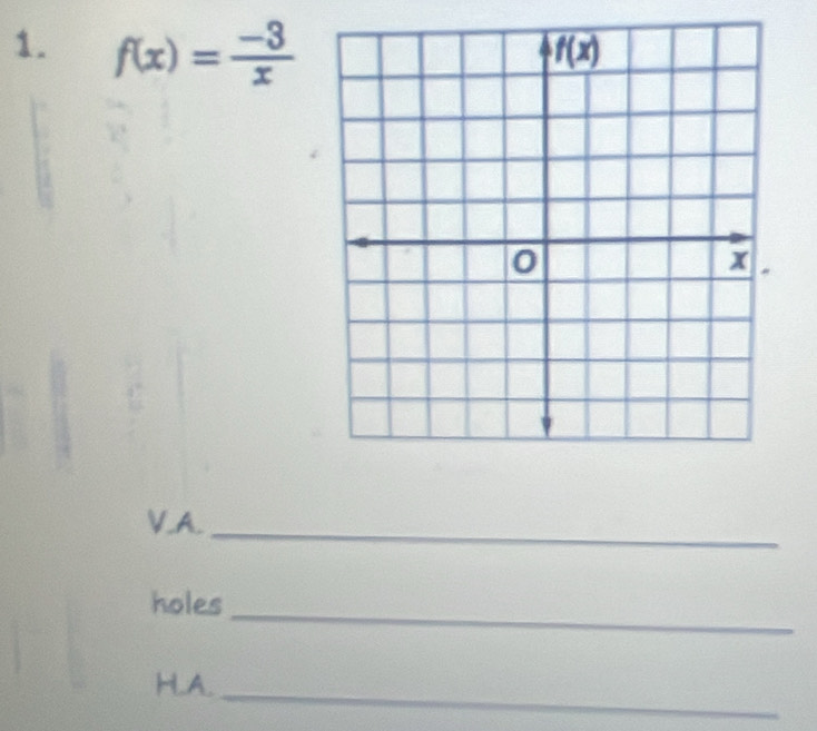 f(x)= (-3)/x 
V.A._
_
holes
HA.
_