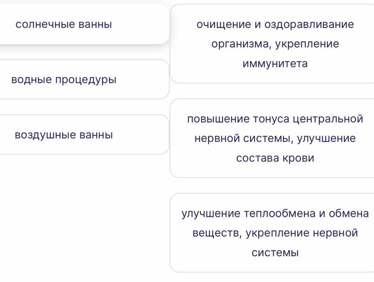 солнечныiе ванны очицение и оздоравливание 
организма, укрелление 
иммунитета 
водные процедуры 
повышение тонуса центральной 
воздушные ванныı 
нервной системы, улучшение 
состава крови 
улучшение теплообмена и обмена 
веществ, укреπление нервной 
Cиctembi