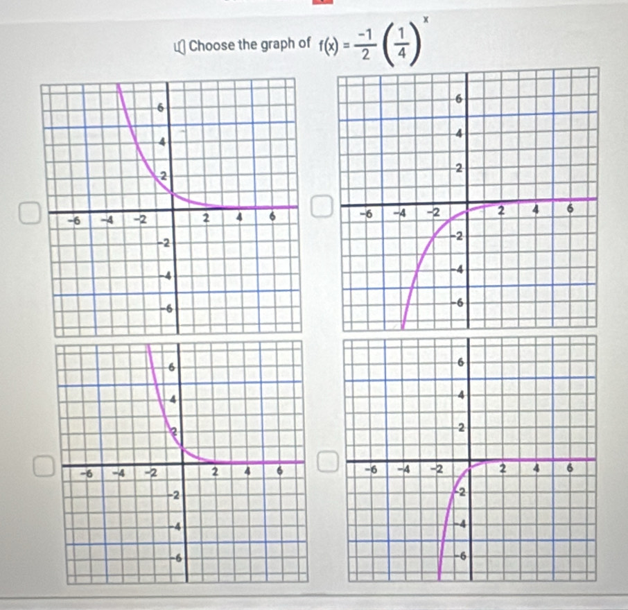 Choose the graph of f(x)= (-1)/2 ( 1/4 )^x