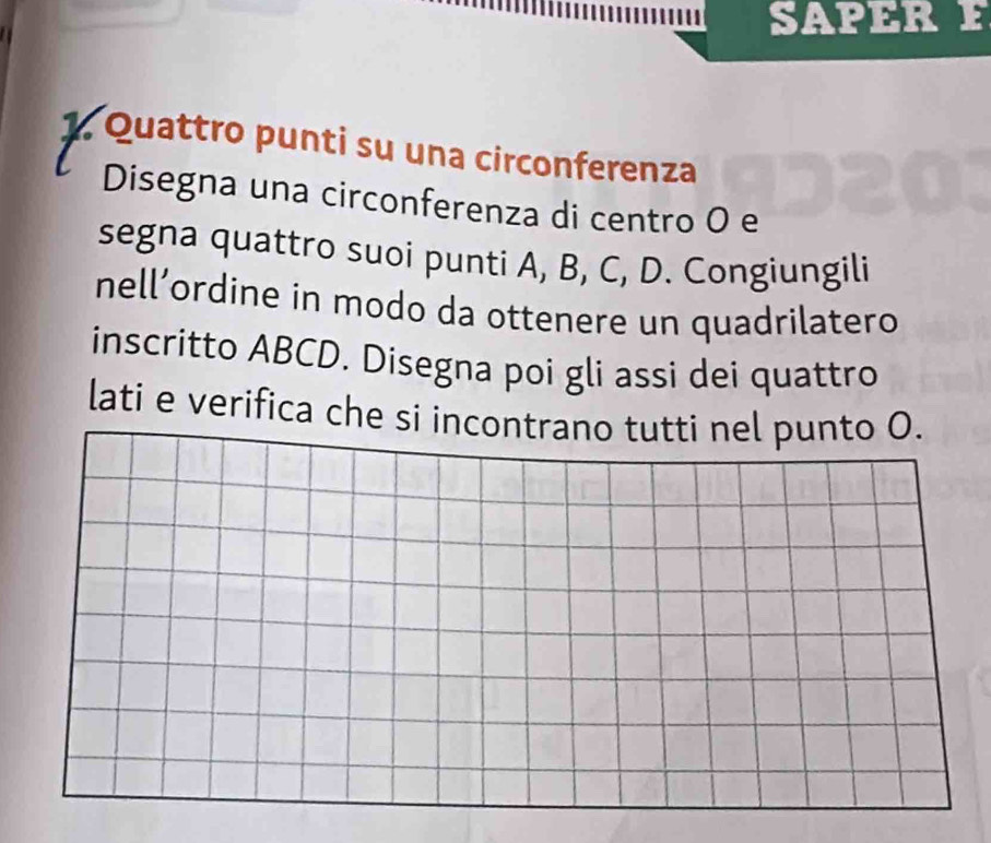 SAPER F 
1. Quattro punti su una circonferenza 
Disegna una circonferenza di centro 0 e 
segna quattro suoi punti A, B, C, D. Congiungili 
nell’ordine in modo da ottenere un quadrilatero 
inscritto ABCD. Disegna poi gli assi dei quattro 
lati e verifica che si incontra