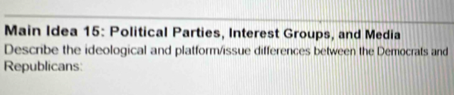 Main Idea 15: Political Parties, Interest Groups, and Media 
Describe the ideological and platform/issue differences between the Democrats and 
Republicans: