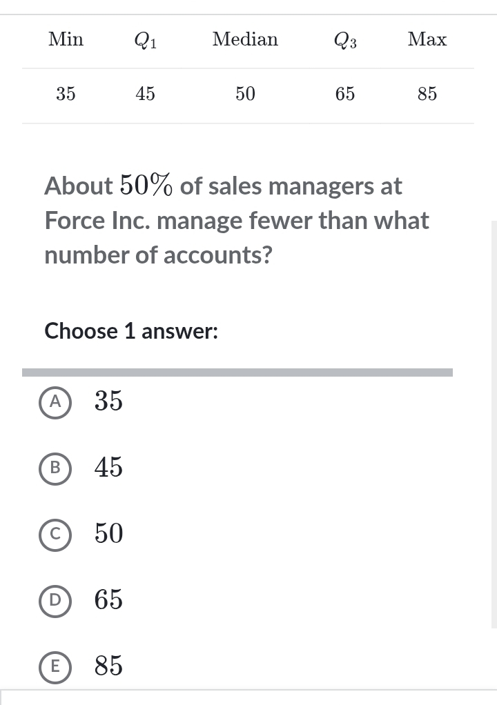 About 50% of sales managers at
Force Inc. manage fewer than what
number of accounts?
Choose 1 answer:
A 35
B) 45
c) 50
D 65
85