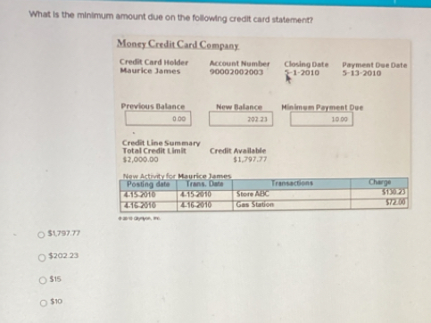 What is the minimum amount due on the following credit card statement?
Money Credit Card Company
Credit Card Holder
Maurice James 90002002003 Account Number Closing Date Payment Due Date
5-1-2010 5-13-20 10
Previous Balance New Balance Minimum Payment Due
0.00 20223 1.0.00
Total Credit Limit Credit Line Summary Credit Available
$2,aO0.0a $1,797.77
# 20 to Call
$1,797.77
$202.23
$15
$10