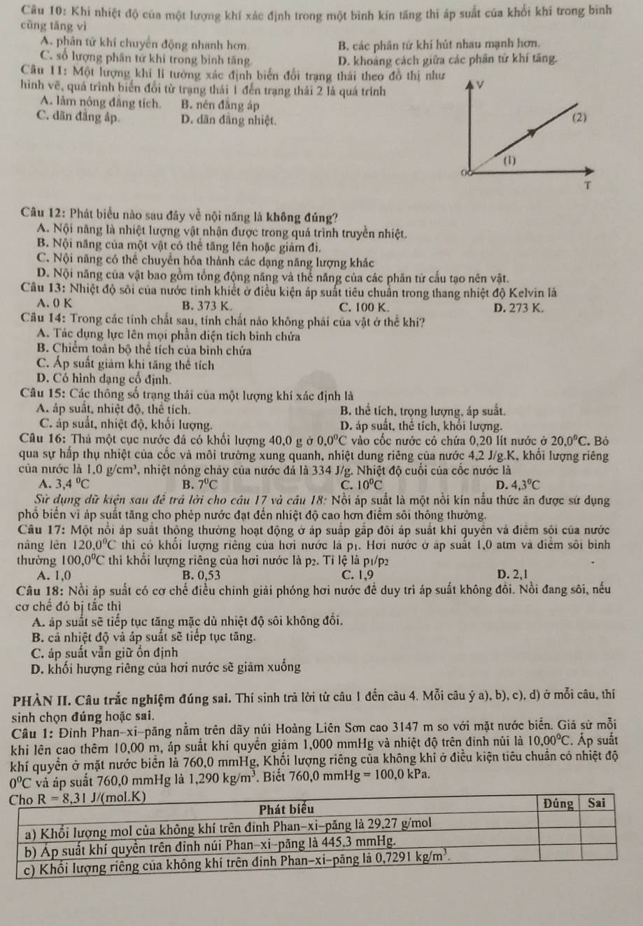 Khi nhiệt độ của một lượng khí xác định trong một binh kin tăng thi áp suất của khối khí trong bình
cũng tǎng vì
A. phân tử khi chuyển động nhanh hơn. B. các phân tử khí hút nhau mạnh hơn.
C. số lượng phân tử khí trong bình tăng D. khoảng cách giữa các phân tử khí tăng.
Câu 11: Một lượng khi lí tưởng xác định biến đổi trạng thái theo đồ thị như
hình vẽ, quá trình biển đổi từ trạng thái 1 đến trạng thải 2 là quá trình
A. lảm nóng đăng tích. B. nén đăng áp
C. dãn đẳng áp. D. dân đằng nhiệt.
Câu 12: Phát biểu nào sau đãy về nội năng là không đúng?
A. Nội năng là nhiệt lượng vật nhận được trong quả trình truyền nhiệt.
B. Nội năng của một vật có thể tăng lên hoặc giảm đi.
C. Nội năng có thể chuyển hóa thành các dạng năng lượng khác
D. Nội năng của vật bao gồm tổng động năng và thế năng của các phân tử cấu tạo nên vật.
Cầu 13: Nhiệt độ sôi của nước tinh khiết ở điều kiện áp suất tiêu chuẩn trong thang nhiệt độ Kelvin là
A. 0 K B. 373 K. C. 100 K. D. 273 K.
Câu 14: Trong các tính chất sau, tính chất nào không phải của vật ở thể khí?
A. Tác dụng lực lên mọi phần diện tích bình chứa
B. Chiểm toàn bộ thể tích của bình chứa
C. Áp suất giảm khi tăng thể tích
D. Có hình dạng cổ định.
Câu 15: Các thông số trạng thái của một lượng khí xác định là
A. áp suất, nhiệt độ, thể tích. B. thể tích, trọng lượng, áp suất.
C. áp suất, nhiệt độ, khối lượng. D. áp suất, thê tích, khổi lượng.
Câu 16: Thả một cục nước đá có khối lượng 40,0 g ở 0.0°C vào cốc nước có chứa 0,20 lit nước ở 20.0°C Bỏ
qua sự hấp thụ nhiệt của cốc và môi trường xung quanh, nhiệt dung riêng của nước 4,2 J/g.K, khối lượng riêng
của nước là 1.0g/cm^3 , nhiệt nóng cháy của nước đá là 334 J/g. Nhiệt độ cuối của cốc nước là
A. 3,4°C B. 7°C C. 10°C D. 4.3°C
Sử dụng dữ kiện sau để trả lời cho câu 17 và câu 18: Nổi áp suất là một nổi kin nấu thức ăn được sứ dụng
phổ biển vì áp suất tăng cho phép nước đạt đến nhiệt độ cao hơn điểm sôi thông thường.
Câu 17: Một nổi áp suất thộng thường hoạt động ở áp suấp gấp đõi áp suất khi quyển và điểm sội của nước
nāng lēn 120,0°C thì cỏ khổi lượng riêng của hơi nước là pị. Hơi nước ở áp suất 1,0 atm và điểm sôi binh
thường 100,0^0C thi khổi lượng riêng của hơi nước là p2. Tỉ lệ là p1/p2
A. 1,0 B. 0,53 C. 1,9 D. 2,1
Câu 18: Nồi áp suất có cơ chế điều chinh giải phóng hơi nước đề duy trì áp suất không đồi. Nồi đang sôi, nếu
cơ chế đó bị tắc thì
A áp suất sẽ tiếp tục tăng mặc dù nhiệt độ sôi không đổi.
B. cả nhiệt độ và áp suất sẽ tiếp tục tăng.
C. áp suất vẫn giữ ốn định
D. khối hượng riêng của hơi nước sẽ giảm xuống
PHÀN II. Câu trắc nghiệm đúng sai. Thí sinh trả lời từ câu 1 đến câu 4. Mỗi câu ý a), b), c), d) ở mỗi câu, thị
sinh chọn đúng hoặc sai.
Câu 1: Đinh Phan-xi-păng nằm trên dãy núi Hoàng Liên Sơn cao 3147 m so với mặt nước biển. Giả sử mỗi
khi lên cao thêm 10,00 m, áp suất khi quyền giảm 1,000 mmHg và nhiệt độ trên đinh núi là 10.00°C. Áp suất
khí quyền ở mặt nước biển là 760.0 mmHg, Khối lượng riêng của không khi ở điều kiện tiêu chuẩn có nhiệt độ
0°C và áp suất 760,0 mmHg là 1,290kg/m^3. Biết 760,0mm -lg =100,0kPa.