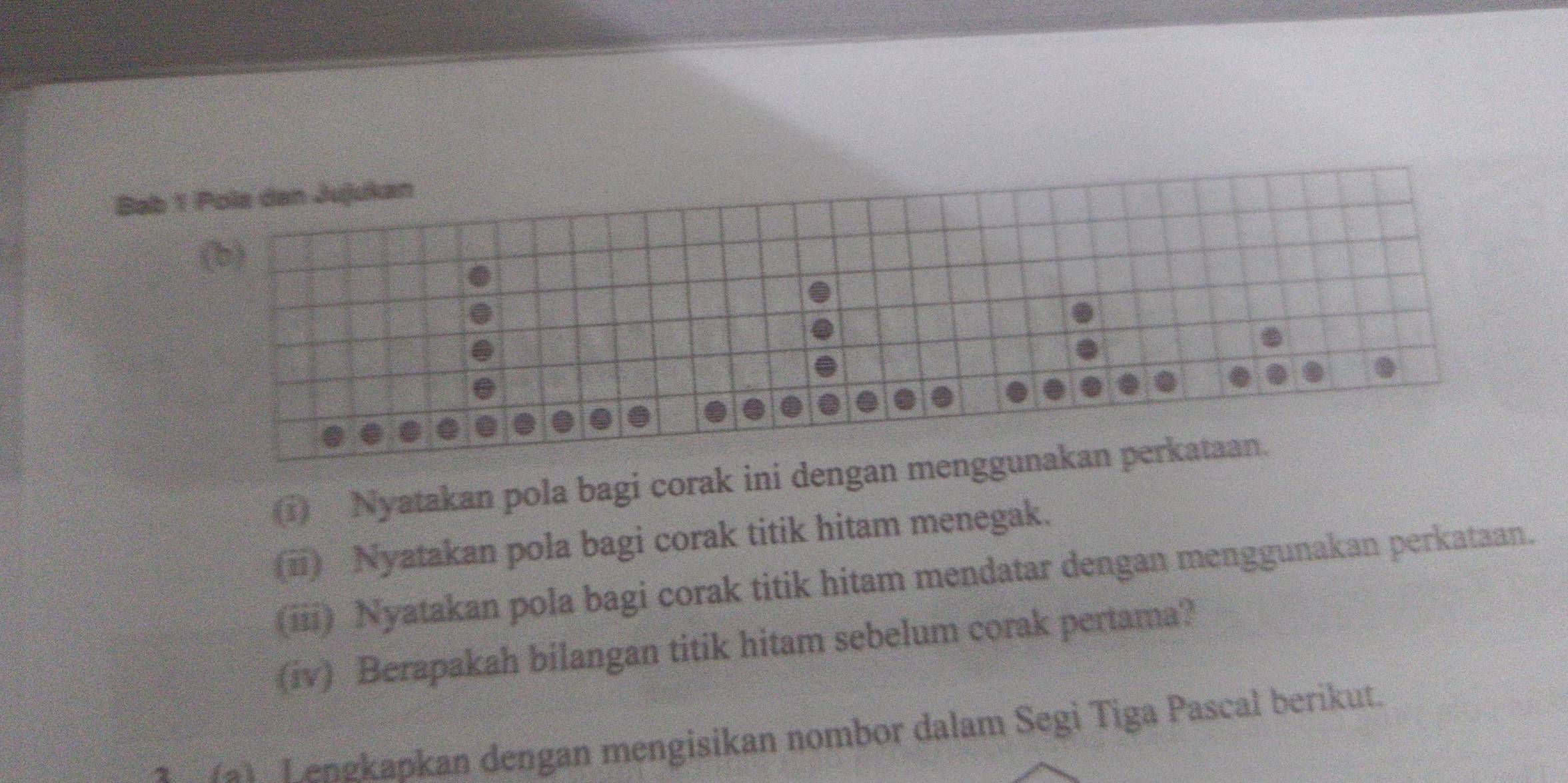 Bab 1 Pola dan Jujukan 
(b) 
(1) Nyatakan pola bagi corak ini dengan menggunakan perkataan. 
(ii) Nyatakan pola bagi corak titik hitam menegak. 
(iii) Nyatakan pola bagi corak titik hitam mendatar dengan menggunakan perkataan. 
(iv) Berapakah bilangan titik hitam sebelum corak pertama? 
2 Va1 Lengkapkan dengan mengisikan nombor dalam Segi Tiga Pascal berikut.