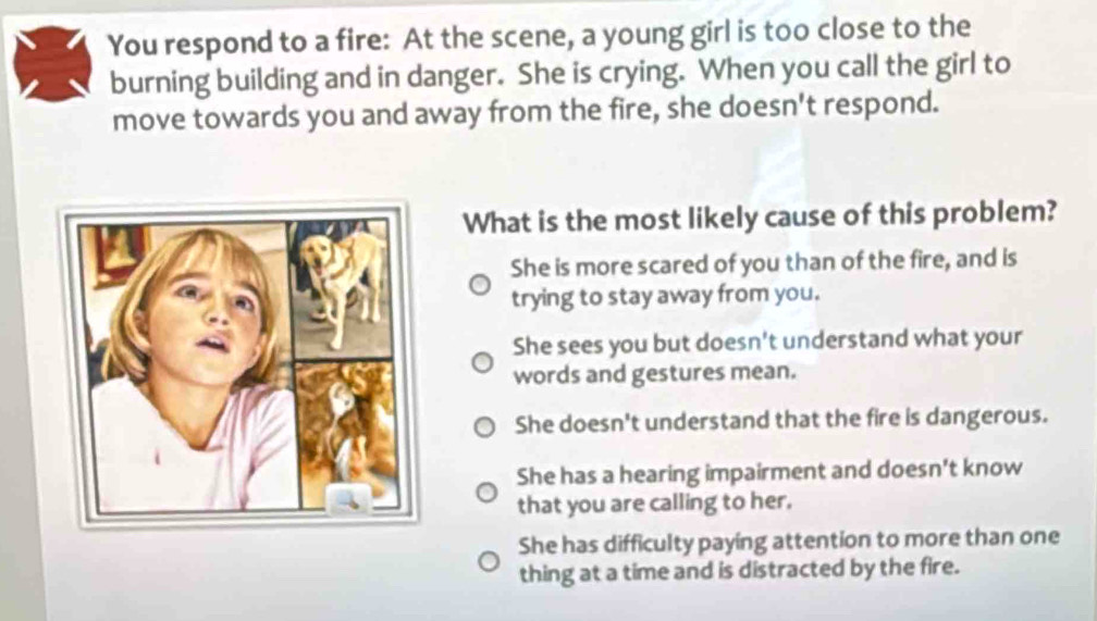 You respond to a fire: At the scene, a young girl is too close to the
burning building and in danger. She is crying. When you call the girl to
move towards you and away from the fire, she doesn't respond.
What is the most likely cause of this problem?
She is more scared of you than of the fire, and is
trying to stay away from you.
She sees you but doesn't understand what your
words and gestures mean.
She doesn't understand that the fire is dangerous.
She has a hearing impairment and doesn't know
that you are calling to her.
She has difficulty paying attention to more than one
thing at a time and is distracted by the fire.