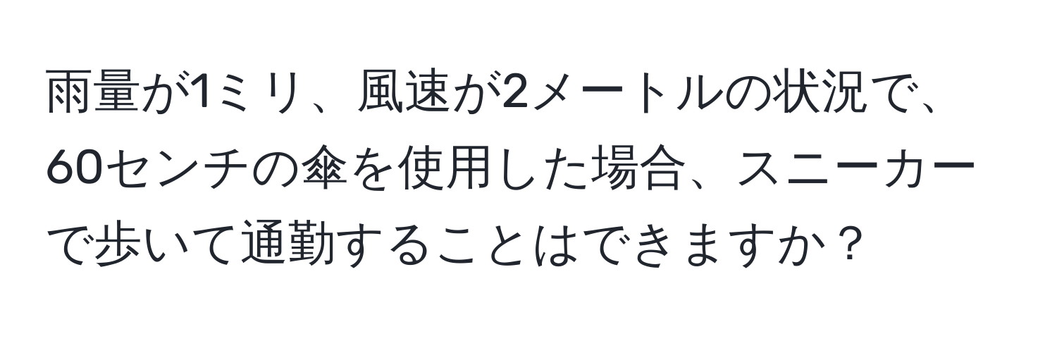 雨量が1ミリ、風速が2メートルの状況で、60センチの傘を使用した場合、スニーカーで歩いて通勤することはできますか？