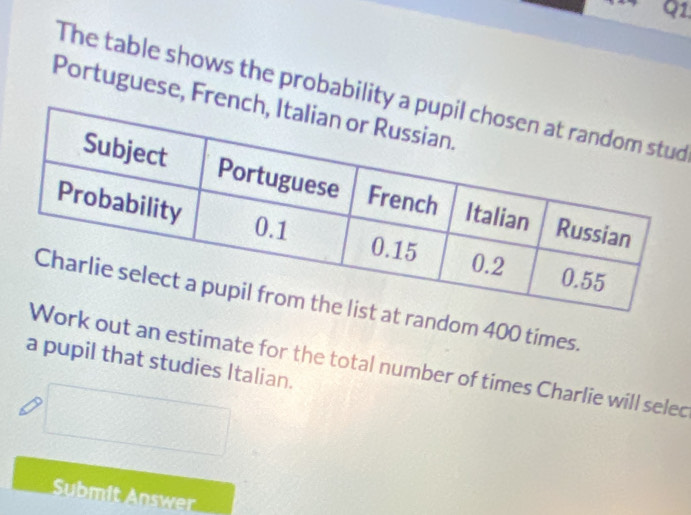 The table shows the probability a d 
Portuguese, Fren 
ndom 400 times. 
a pupil that studies Italian. 
out an estimate for the total number of times Charlie will selec 
Submit Answer