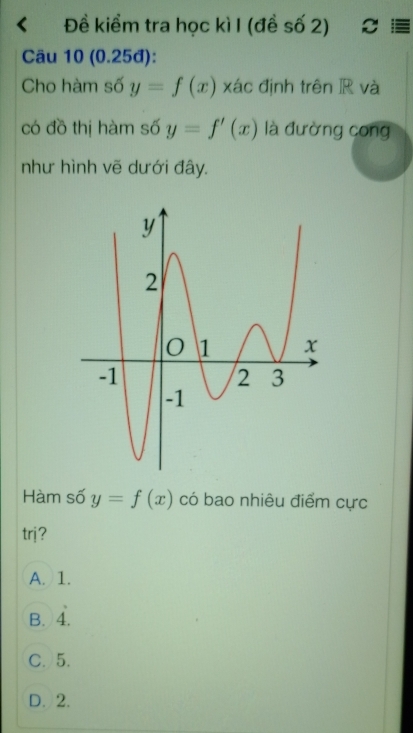 Đề kiểm tra học kì I (đề số 2) 2
Câu 10 (0.25đ):
Cho hàm số y=f(x) xác định trên IR và
có đồ thị hàm số y=f'(x) là đường cong
như hình vẽ dưới đây.
Hàm số y=f(x) có bao nhiêu điểm cực
trj?
A. 1.
B. 4.
C. 5.
D. 2.