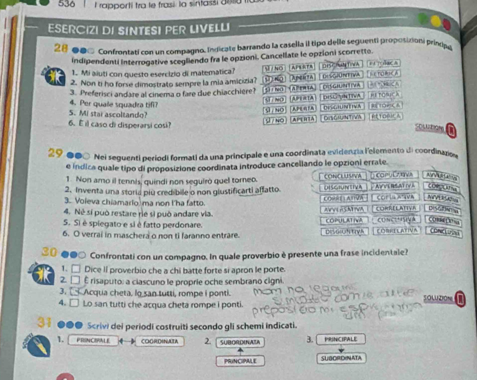 536  l rapporti tra le frasi. la sintassi delia
ESERCIZI DI SINTESI PER LIVELLI
28 ●●● Confrontati con un compagno. Indicate barrando la casella il tipo delle seguenti proposizioni principal
indipendenti interrogative scegliendo fra le opzioni, Cancellate le opzioni scorrette.
1. Mi aiuti con questo esercizio di matematica? Sĩ / NO APERTA DISCIUNTIVA PETOÑUCA
2. Non ti ho forse dimostrato sempre la mia amicizia? Sĩ NO APERTA DISGIONTIVA HETORC A
3. Preferisci andare al cinema o fare due chiacchiere? 5) / NQ APERTA DISGIUNTIVA AI TORIC
Sĩ / NO APERTA DISGUNTIVA He TOrICá
4. Per quale squadra tifi?
5. Mi stai ascoltando?
Sĩ / NO APERTA DISGIUNTIVA RETOPIC A
6、 E il caso di disperarsi cosi? Sĩ / NO APERTA DISGIUNTIVA RETORICA
SOLUZION 
29  ●● Nei seguenti períodi formati da una principale e una coordinata evidenzia lelemento di coordinazio
e indica quale tipo di proposizione coordinata introduce cancellando le opzioni errate.
1. Non amo il tennis, quindi non seguiró quel torneo. CONCLUSIVA ( COPUL  TVA AVVERSATION
2、 Inventa una storia piu credibile o non glustificarti affatto. DISGIUNTIVA DAVVERSATIVA CORULATINA
3. Voleva chiamario, ma non l'ha fatto. CORRELATIVA CorIs A*IVA AVVERSATIVA
4. Né sí può restare ré sì può andare via. AVVERSATIVA CORRELATIVA DISGRUNTIVA
S. Si è spiegato e si è fatto perdonare. COPULATIVA CONCESIVA CORRELATINA
6. O verrai in maschera o non ti faranno entrare. DISGIUNTIVA CORRELATIVA CONCLUSIVA
30 Confrontati con un compagno. In quale proverbio è presente una frase incidentale?
1. Dice II proverbio che a chî batte forte si apron le porte.
2 É risaputo: a ciascuno le proprie oche sembrano cigni.
3. Acqua cheta, lo san tutti, rompe i ponti.
4. Lo san tutti che acqua cheta rompe i ponti. SOLUZIONI
Scrivi dei periodi costruiti secondo gli schemi indicati.
1. PRINCIPALE COORDINATA 2. SUBORDINATA 3.  pRINCIPALE
PRiNCIPALE SUBORDINATA