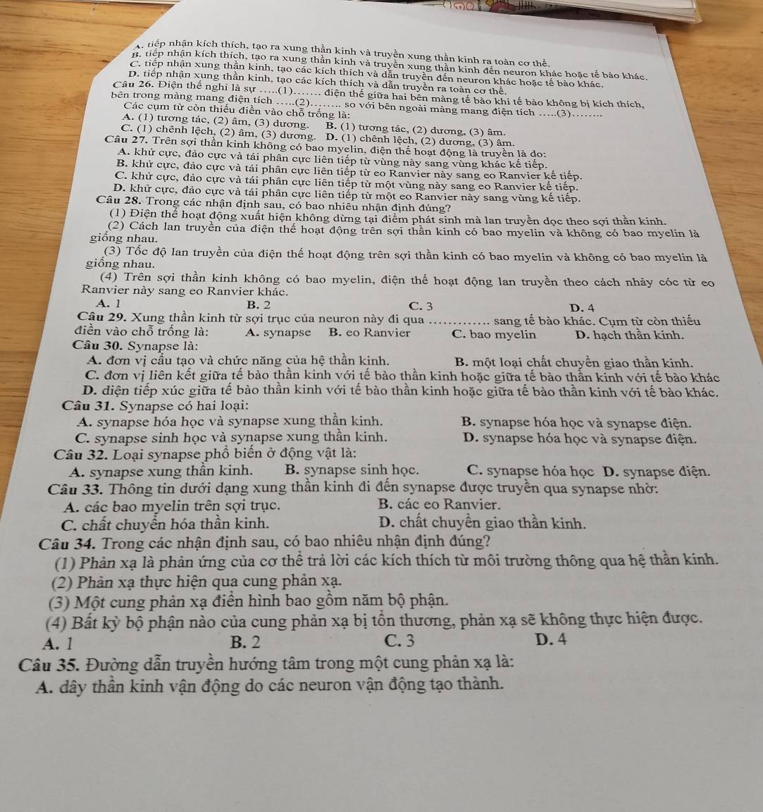 niếp nhận kích thích, tạo ra xung thần kinh và truyền xung thần kinh ra toàn cơ thể.
B. tiếp nhận kích thích, tạo ra xung thằn kinh và truyền xung thần kinh đến neuron khác hoặc tế bào khác.
C. tiếp nhận xung thần kinh, tạo các kích thích và dẫn truyền đến neuron khác hoặc tế bào khác.
D. tiếp nhận xung thần kinh, tạo các kích thích và dẫn truyền ra toàn cơ thể.
Câu 26. Điện thế nghỉ là sự …..(1).….. điện thế giữa hai bên màng tế bảo khi tế bảo không bị kích thích,
bên trong màng mang điện tích …..(2)…….. so với bên ngoài màng mang điện tích …..(3)
Các cụm từ còn thiếu điền vào chỗ trống là:
A. (1) tương tác, (2) âm, (3) dương. B. (1) tương tác, (2) dương, (3) âm.
C. (1) chênh lệch, (2) âm, (3) dương. D. (1) chênh lệch, (2) dương, (3) âm.
Câu 27. Trên sợi thần kinh không có bao myelin, điện thể hoạt động là truyền là do:
A. khử cực, đảo cực và tái phân cực liên tiếp từ vùng này sang vùng khác kế tiếp.
B. khử cực, đảo cực và tái phân cực liên tiếp từ eo Ranvier này sang eo Ranvier kế tiếp.
C. khử cực, đảo cực và tái phân cực liên tiếp từ một vùng này sang eo Ranvier kế tiếp.
D. khử cực, đảo cực và tái phân cực liên tiếp từ một eo Ranvier này sang vùng kế tiếp.
Câu 28. Trong các nhận định sau, có bao nhiêu nhận định đúng?
(1) Điện thể hoạt động xuất hiện không dừng tại điểm phát sinh mà lan truyền dọc theo sợi thần kinh
(2) Cách lan truyền của điện thể hoạt động trên sợi thần kinh có bao myelin và không có bao myelin là
giồng nhau.
(3) Tốc độ lan truyền của điện thế hoạt động trên sợi thần kinh có bao myelin và không có bao myelin là
giống nhau.
(4) Trên sợi thần kinh không có bao myelin, điện thế hoạt động lan truyền theo cách nhảy cóc từ eo
Ranvier này sang eo Ranvier khác.
A. 1 B. 2 C. 3 D. 4
Câu 29. Xung thần kinh từ sợi trục của neuron này đi qua sang tế bào khác. Cụm từ còn thiếu
đdiền vào chỗ trống là: A. synapse B. eo Ranvier C. bao myelin D. hạch thần kinh.
Câu 30. Synapse là:
A. đơn vị cấu tạo và chức năng của hệ thần kinh. B một loại chất chuyền giao thần kinh.
C. đơn vị liên kết giữa tế bào thần kinh với tế bào thần kinh hoặc giữa tế bào thằn kinh với tế bào khác
D. diện tiếp xúc giữa tế bào thần kinh với tế bào thần kinh hoặc giữa tế bào thần kinh với tế bào khác.
Câu 31. Synapse có hai loại:
A. synapse hóa học và synapse xung thần kinh. B. synapse hóa học và synapse điện.
C. synapse sinh học và synapse xung thần kinh. D. synapse hóa học và synapse điện.
Câu 32. Loại synapse phổ biển ở động vật là:
A. synapse xung thần kinh. B. synapse sinh học. C. synapse hóa học D. synapse điện.
Câu 33. Thông tin dưới dạng xung thần kinh đi đến synapse được truyền qua synapse nhờ:
A. các bao myelin trên sợi trục. B. các eo Ranvier.
C. chất chuyển hóa thần kinh. D. chất chuyền giao thần kinh.
Câu 34. Trong các nhận định sau, có bao nhiêu nhận định đúng?
(1) Phản xạ là phản ứng của cơ thể trả lời các kích thích từ môi trường thông qua hệ thần kinh.
(2) Phản xạ thực hiện qua cung phản xạ.
(3) Một cung phản xạ điển hình bao gồm năm bộ phận.
(4) Bất kỳ bộ phận nào của cung phản xạ bị tồn thương, phản xạ sẽ không thực hiện được.
A. 1 B. 2 C. 3 D. 4
Câu 35. Đường dẫn truyền hướng tâm trong một cung phản xạ là:
A. dây thân kinh vận động do các neuron vận động tạo thành.