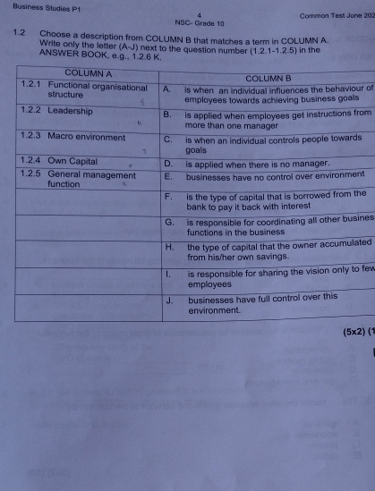 Business Studies P1 4
NSC- Grade 10 Common Test June 202
1.2 Choose a description from COLUMN B that matches a term in COLUMN A.
Write only the letter (A-J) next to the question number (1.2.1- 1.2.5) in the
ANSWER BOOK, e.g., 1.2.6 
r of
om
s
nt
he
ines
ted
few
a