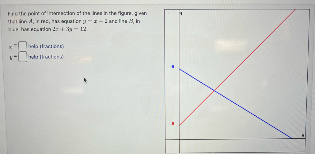 Find the point of intersection of the lines in the figure, given 
that line A, in red, has equation y=x+2 and line B, in 
blue, has equation 2x+3y=12.
x=□ help (fractions)
y=□ help (fractions)