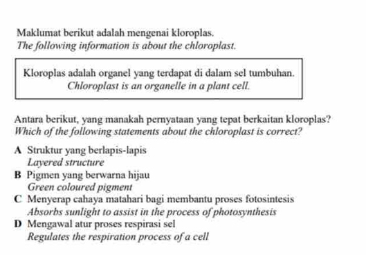 Maklumat berikut adalah mengenai kloroplas.
The following information is about the chloroplast.
Kloroplas adalah organel yang terdapat di dalam sel tumbuhan.
Chloroplast is an organelle in a plant cell.
Antara berikut, yang manakah pernyataan yang tepat berkaitan kloroplas?
Which of the following statements about the chloroplast is correct?
A Struktur yang berlapis-lapis
Layered structure
B Pigmen yang berwarna hijau
Green coloured pigment
C Menyerap cahaya matahari bagi membantu proses fotosintesis
Absorbs sunlight to assist in the process of photosynthesis
D Mengawal atur proses respirasi sel
Regulates the respiration process of a cell