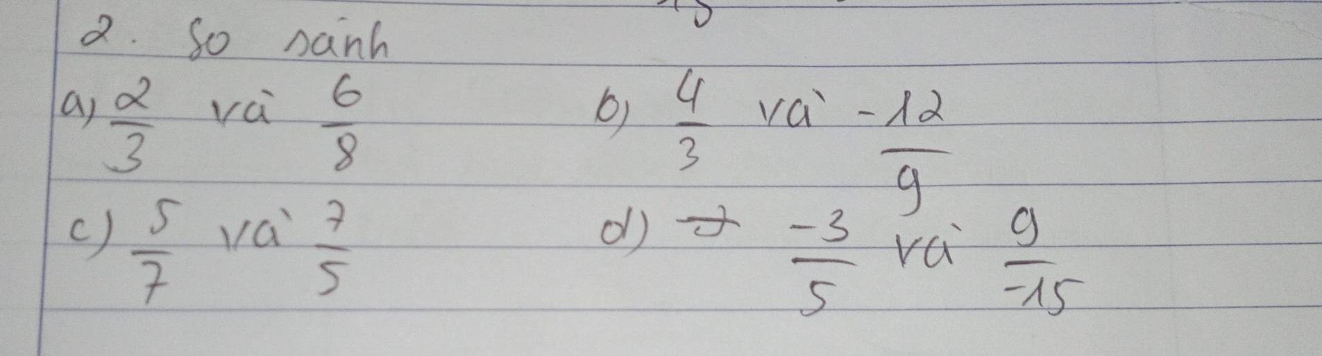 So nanh 
a)  2/3  vai  6/8 
b)  4/3  va
 (-12)/9 
c)  5/7 
va  7/5 
d sigma =  (-3)/5  vái  9/-15 