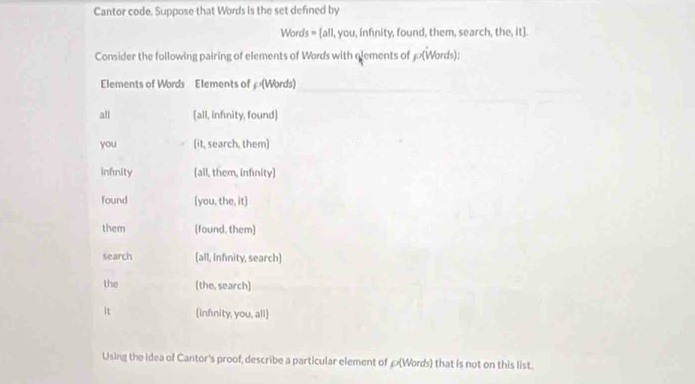 Cantor code. Suppose that Words is the set defined by
Words = [all, you, infinity, found, them, search, the, it].
Consider the following pairing of elements of Words with elements of J(Words):
Elements of Words Elements of £ (Words)
all [all, infinity, found]
you (it, search, them]
infnity [all, them, infnity]
found [you, the, it]
them [found, them]
search (all, Infinity, search)
the [the, search]
it (infinity, you, all)
Using the idea of Cantor's proof, describe a particular element of £ (Words) that is not on this list.