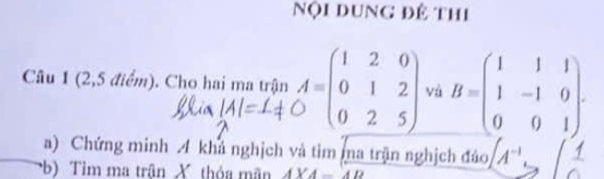 Nội dung để thi 
Câu 1 (2,5 diem ). Cho hai ma trận A=beginpmatrix 1&2&0 0&1&2 0&2&5endpmatrix và B=beginpmatrix 1&1&1 1&-1&0 0&0&1endpmatrix. 
a) Chứng minh 4 khả nghịch và tim a trận nghịch đảo A^(-1)
b) Tìm ma trận X thỏa mãn AYA=AD