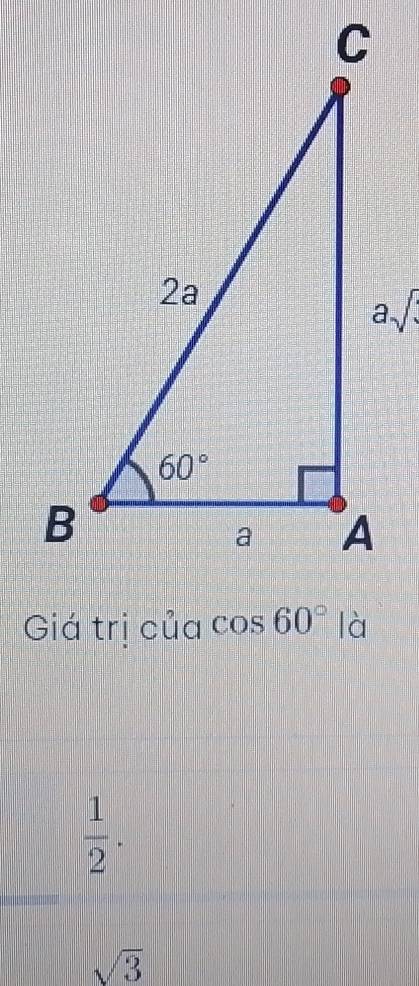 Giá trị của cos 60° là
 1/2 .
sqrt(3)