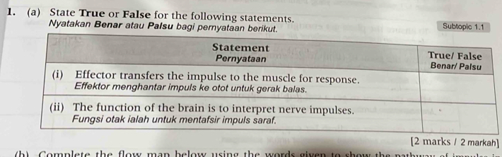 State True or False for the following statements. 
Nyatakan Benar atau Palsu bagi pernyataan berikut. Subtopic 1.1
[2 marks / 2 markah] 
b Complete the flow man below using the words given to s