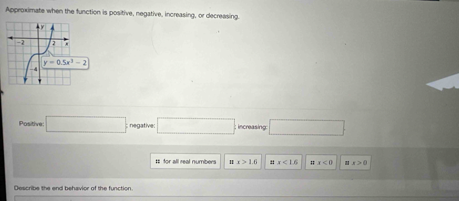 Approximate when the function is positive, negative, increasing, or decreasing.
Positive: □; negative: □ increasing: □ .
:: for all real numbers :: x>1.6 :: x<1.6 :: x<0</tex> :: x>0
Describe the end behavior of the function