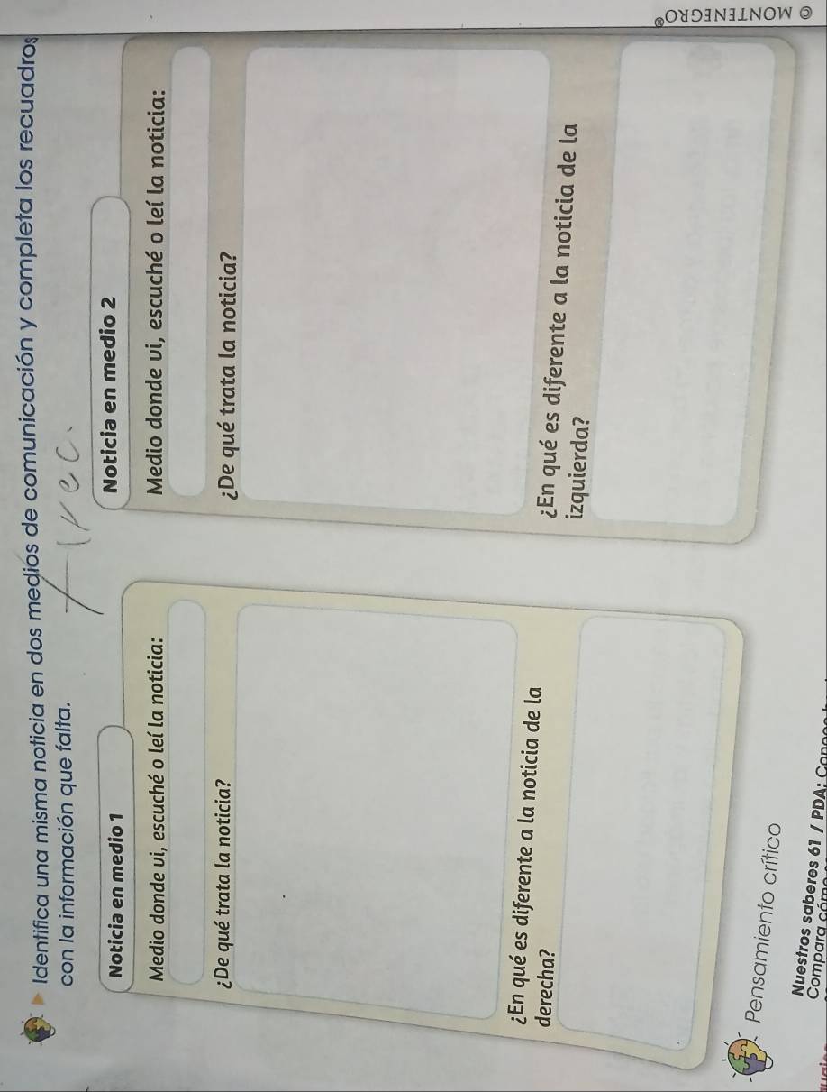 Identifica una misma noticia en dos medios de comunicación y completa los recuadros 
con la información que falta. 
Noticia en medio 1 Noticia en medio 2
Medio donde vi, escuché o leí la noticia: Medio donde vi, escuché o leí la noticia: 
¿De qué trata la noticia? ¿De qué trata la noticia? 
¿En qué es diferente a la noticia de la ¿En qué es diferente a la noticia de la 
derecha? izquierda? 
Pensamiento crítico 
Nuestros saberes 61 / P : o 
Compara cóm