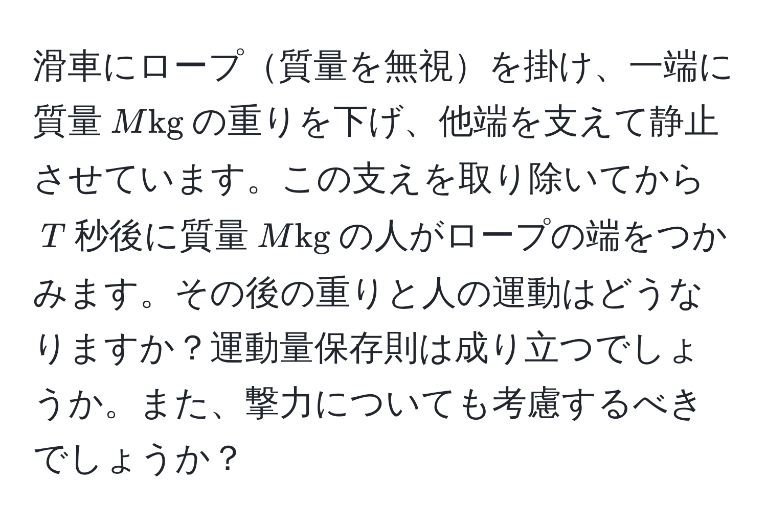 滑車にロープ質量を無視を掛け、一端に質量$Mkg$の重りを下げ、他端を支えて静止させています。この支えを取り除いてから$T$秒後に質量$Mkg$の人がロープの端をつかみます。その後の重りと人の運動はどうなりますか？運動量保存則は成り立つでしょうか。また、撃力についても考慮するべきでしょうか？