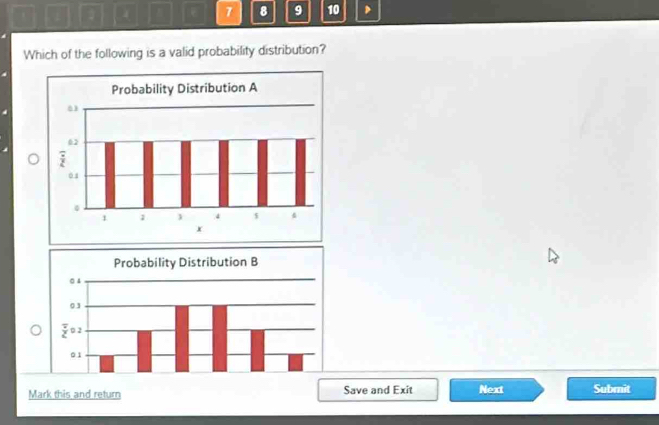 7 8 9 10 D 
Which of the following is a valid probability distribution? 
Mark this and return Save and Exit Next Submit