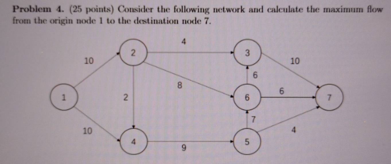 Problem 4. (25 points) Consider the following network and calculate the maximum flow 
from the origin node 1 to the destination node 7.