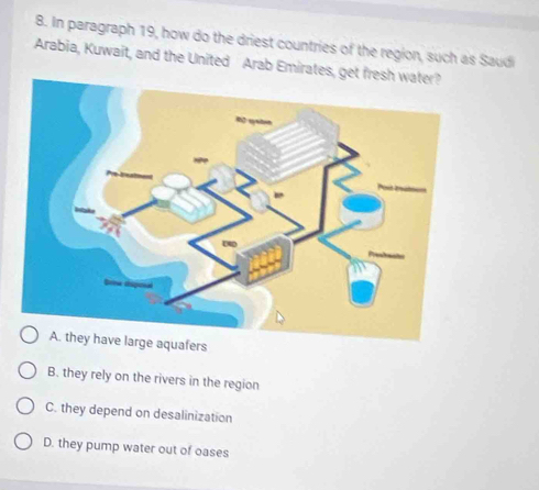 In paragraph 19, how do the driest countries of the region, such as Saudi
Arabia, Kuwait, and the United Arab Emirates, ge
A. they have large aquafers
B. they rely on the rivers in the region
C. they depend on desalinization
D. they pump water out of oases