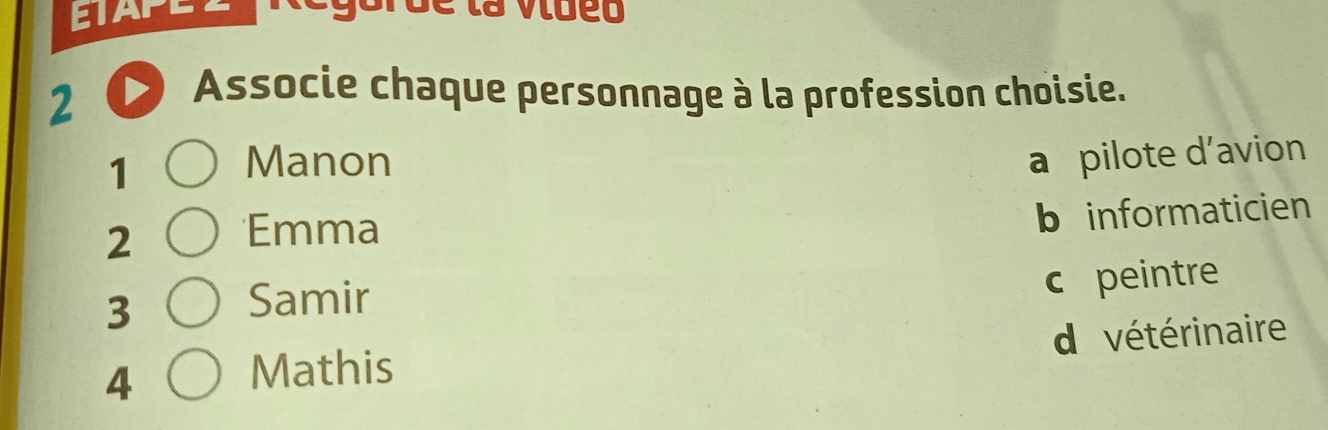 Associe chaque personnage à la profession choisie.
1 Manon a pilote d’avion
b informaticien
2
Emma
3
Samir
c peintre
4
Mathis d vétérinaire