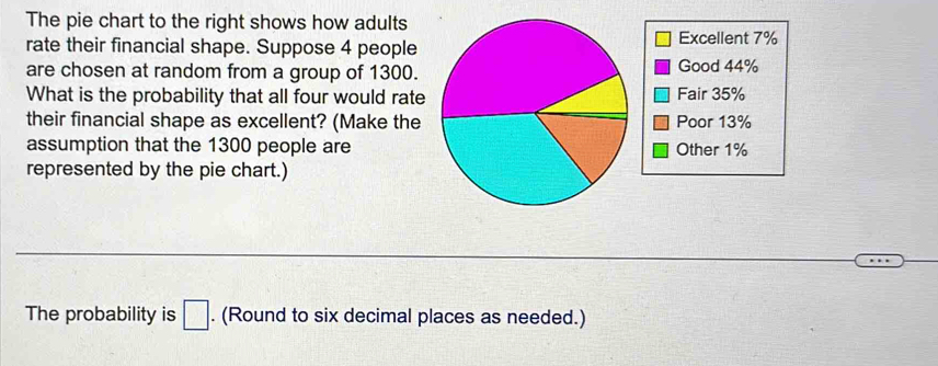 The pie chart to the right shows how adults 
rate their financial shape. Suppose 4 peopleExcellent 7%
are chosen at random from a group of 1300.Good 44%
What is the probability that all four would rateFair 35%
their financial shape as excellent? (Make thePoor 13%
assumption that the 1300 people areOther 1%
represented by the pie chart.) 
The probability is □. (Round to six decimal places as needed.)