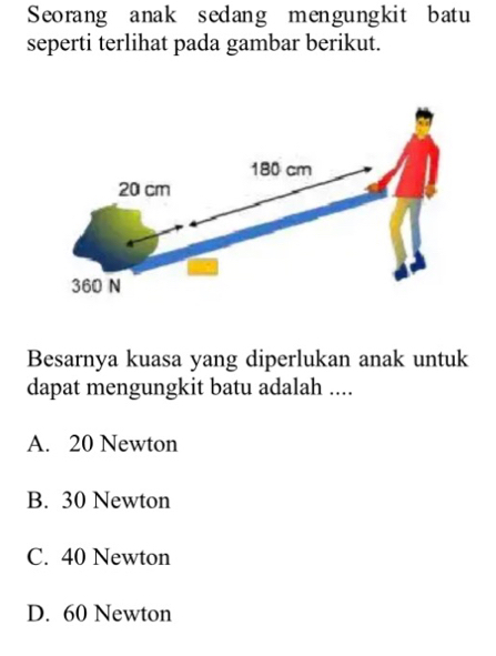 Seorang anak sedang mengungkit batu
seperti terlihat pada gambar berikut.
Besarnya kuasa yang diperlukan anak untuk
dapat mengungkit batu adalah ....
A. 20 Newton
B. 30 Newton
C. 40 Newton
D. 60 Newton