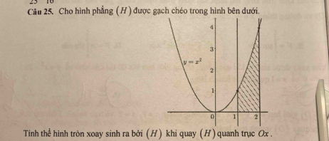 23 10
Câu 25. Cho hình phẳng (H ) được gạch chéo trong hình bên dưới.
Tinh thể hình tròn xoay sinh ra bởi (H) khi quay (H) quanh trục Ox .