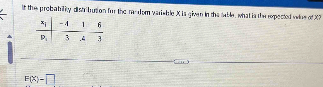 If the probability distribution for the random variable X is given in the table, what is the expected value of X?
E(X)=□