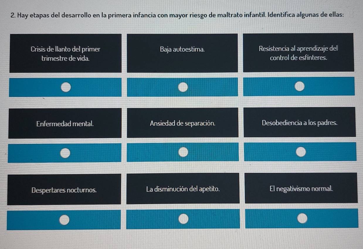 Hay etapas del desarrollo en la primera infancia con mayor riesgo de maltrato infantil. Identifica algunas de ellas:
Crisis de llanto del primer Baja autoestima. Resistencia al aprendizaje del
trimestre de vida. control de esfínteres.
Enfermedad mental. Ansiedad de separación. Desobediencia a los padres.
Despertares nocturnos. La disminución del apetito. El negativismo normal.